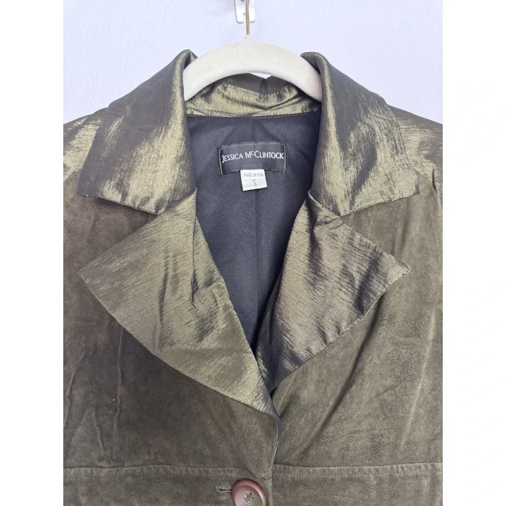 Vintage Jessica McClintock Olive Green Suede‎ Satin Blazer Jacket Size Small USA